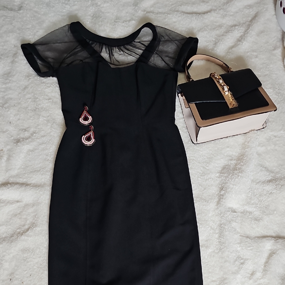 Black Sheath Midi Dress with Cuffed Short Sleeves